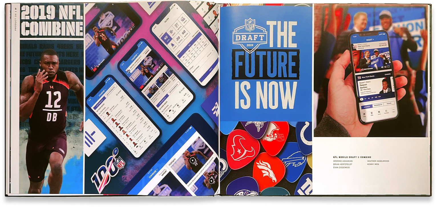 2019 NFL Combine campaign spread combines athlete photography, mobile screens, event graphics, and “The Future Is Now” messaging.