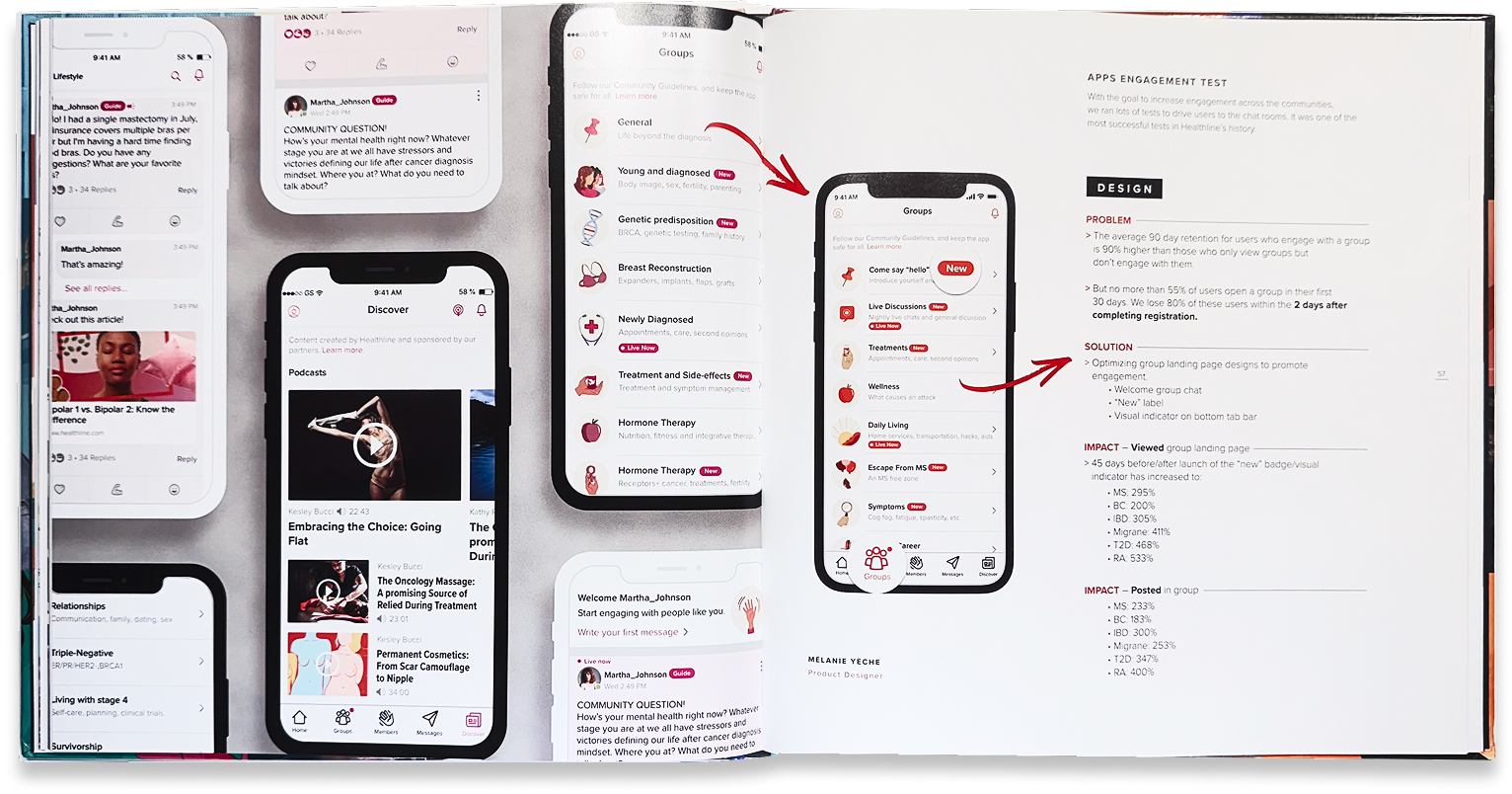 Annotated mobile-flow research spread traces user actions, content choices, and interface revisions across multiple screens.