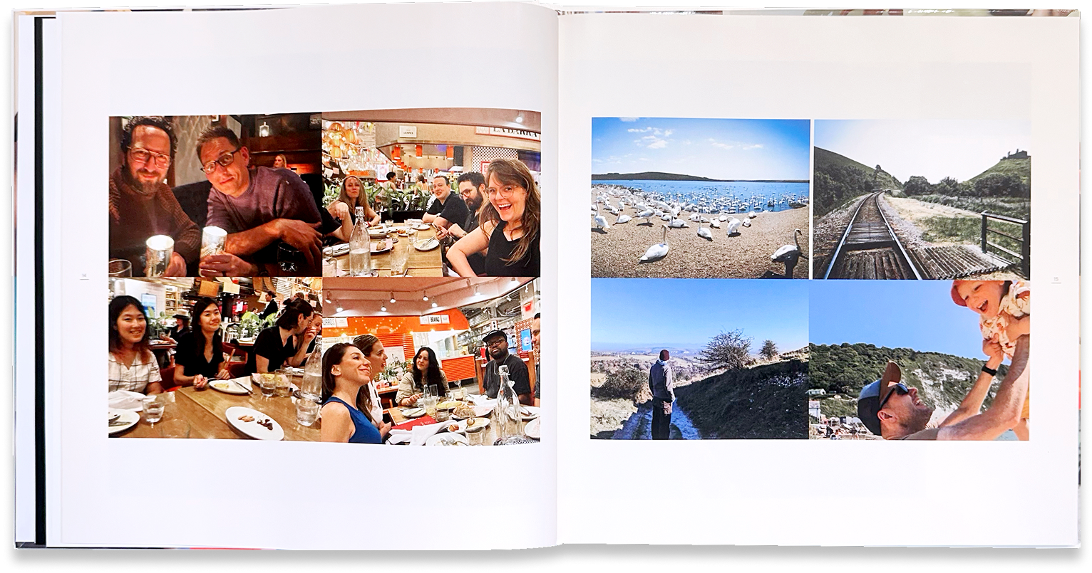 Team-outing spread documents meals, creative gatherings, travel, and outdoor adventures together.