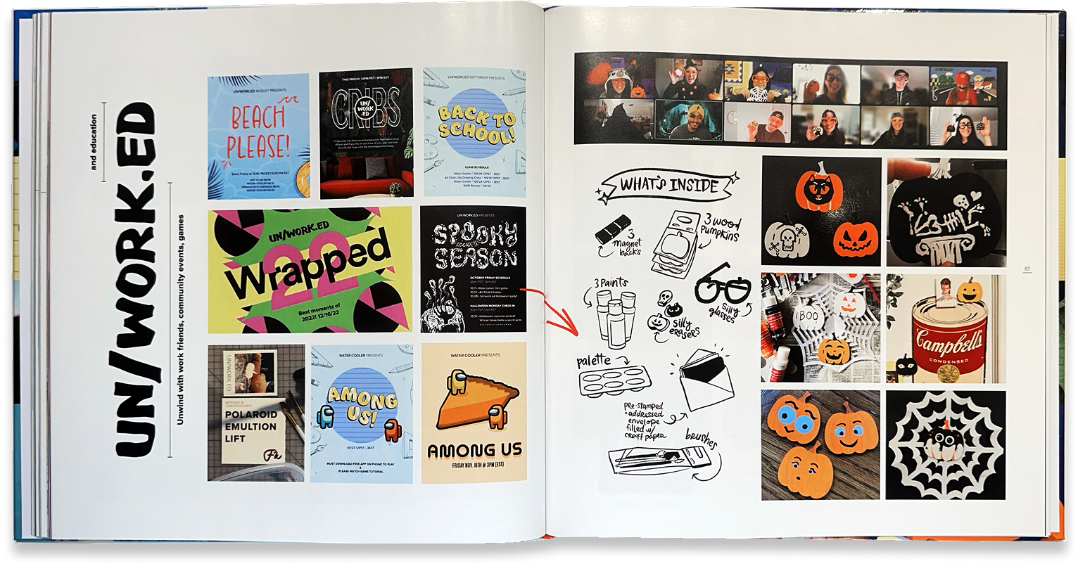 “Un/worked” spread showcases team-made stickers, illustrations, event graphics, and a celebratory video-call collage.