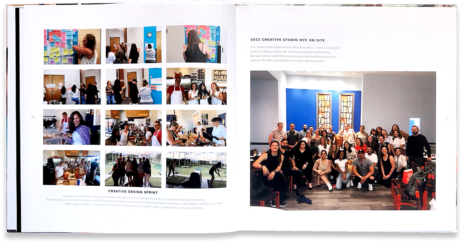 Team-culture spread combines informal snapshots with a large group photo from an in-person gathering.