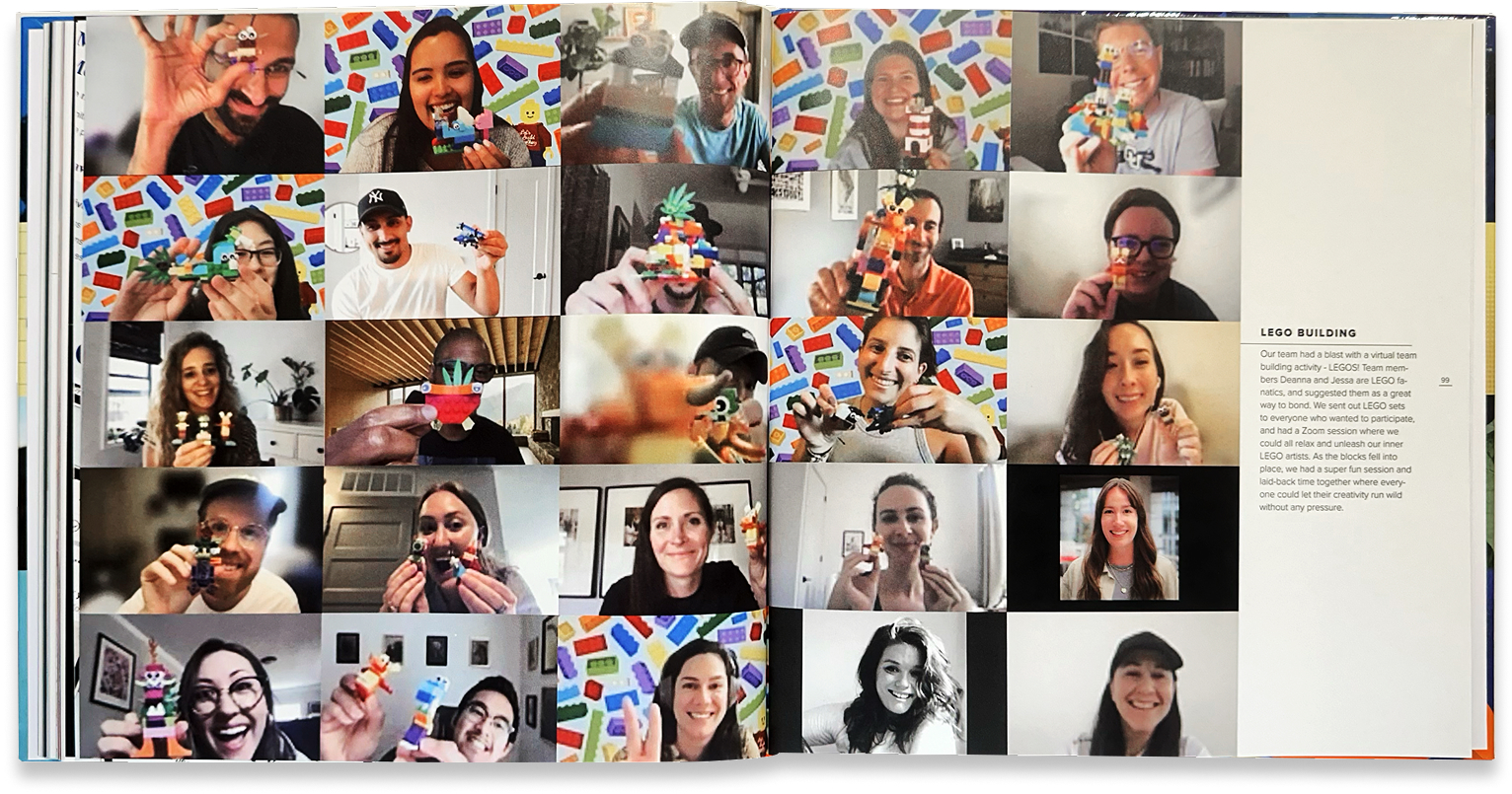 Remote-team collage gathers dozens of candid video-call portraits against playful patterned backgrounds.