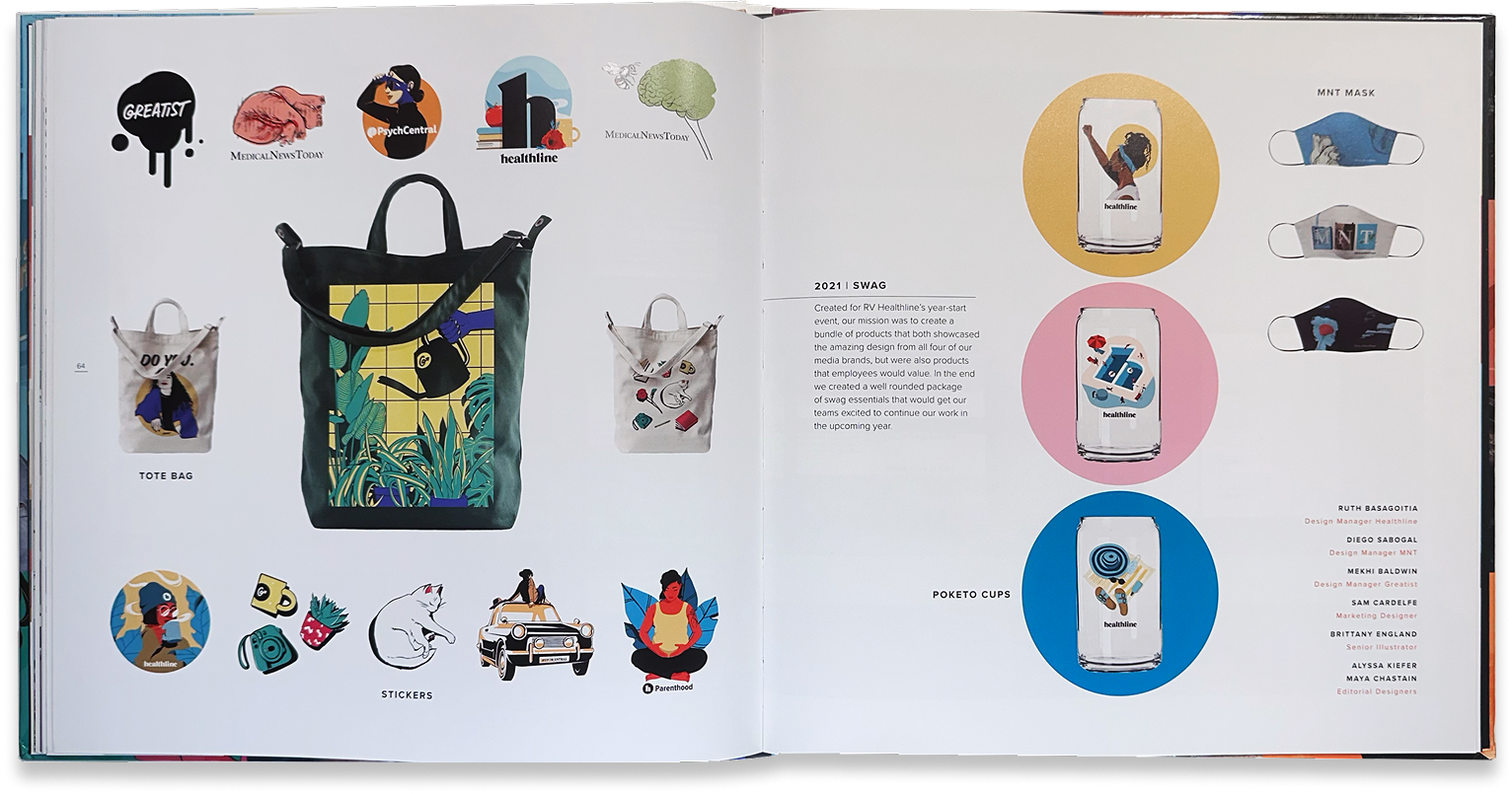 Team merchandise spread presents illustrated tote bags, stickers, pins, apparel, and other branded keepsakes.