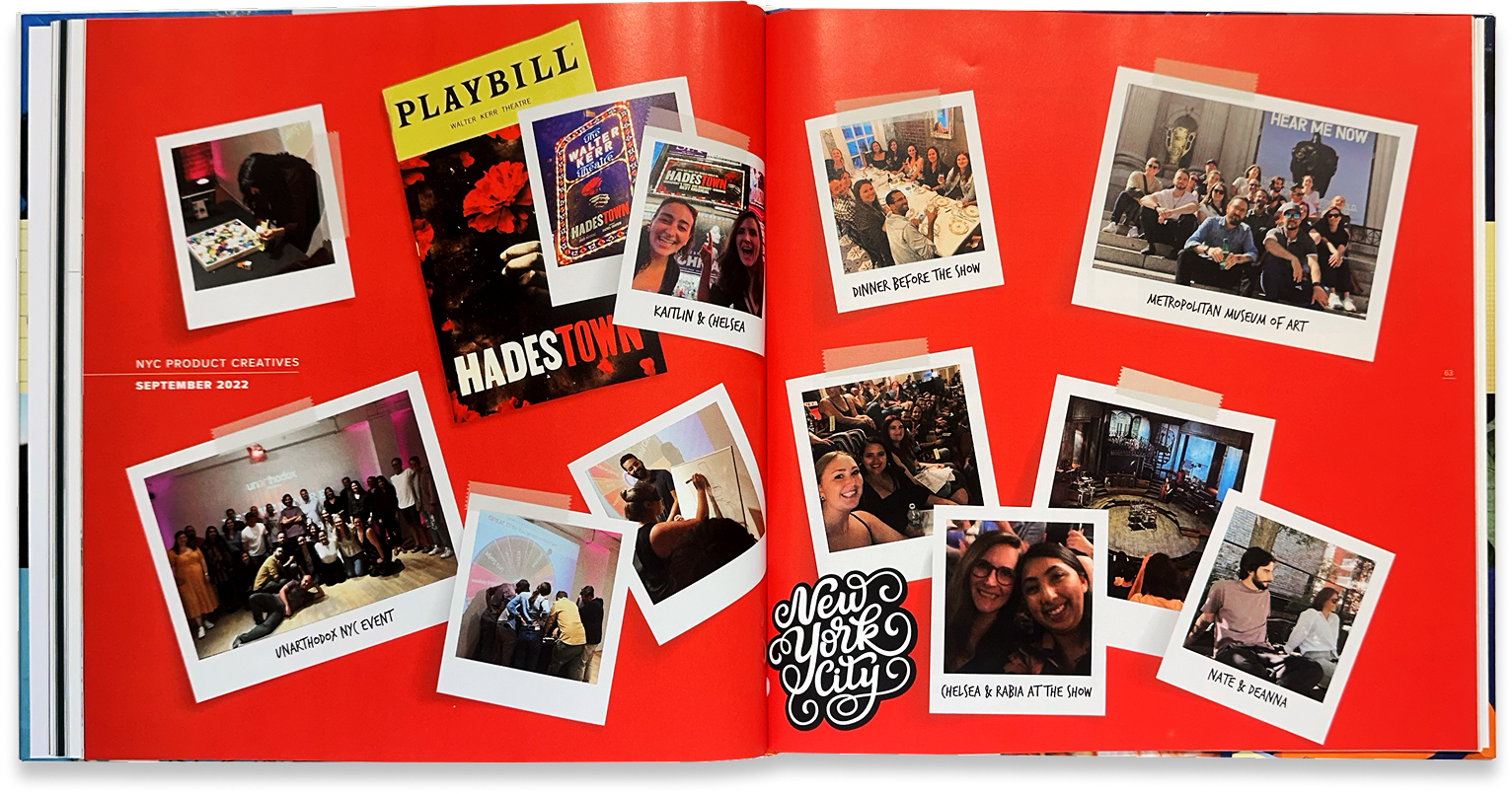 Red scrapbook spread arranges team Polaroids, event programs, and playful mementos from shared experiences.