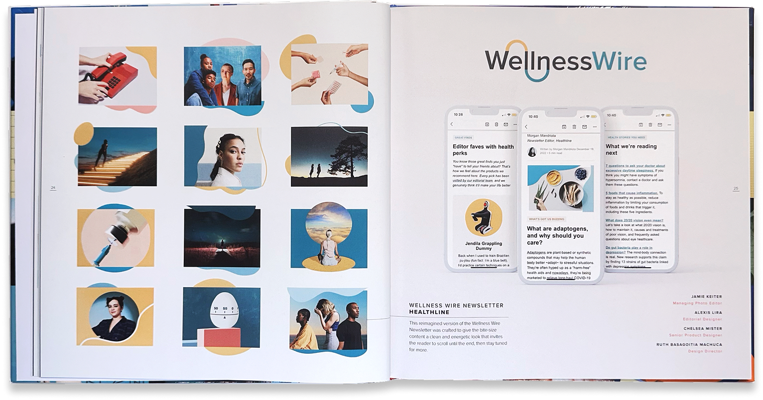 WellnessWire campaign spread pairs inclusive health illustrations with branded mobile newsletter screens.