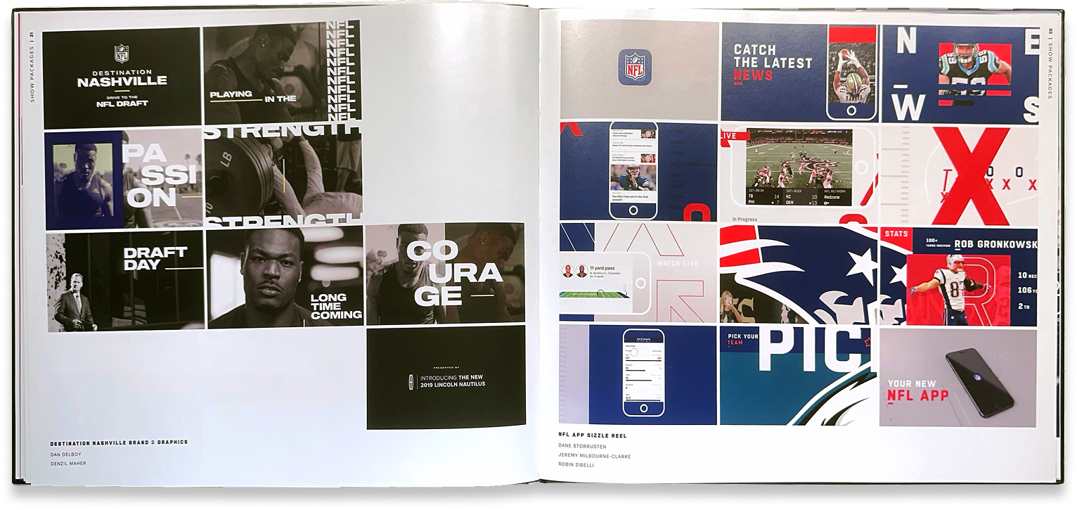 NFL marketing spread showcases bold campaign systems for training, the Draft, Oura Ring, and weekly picks.