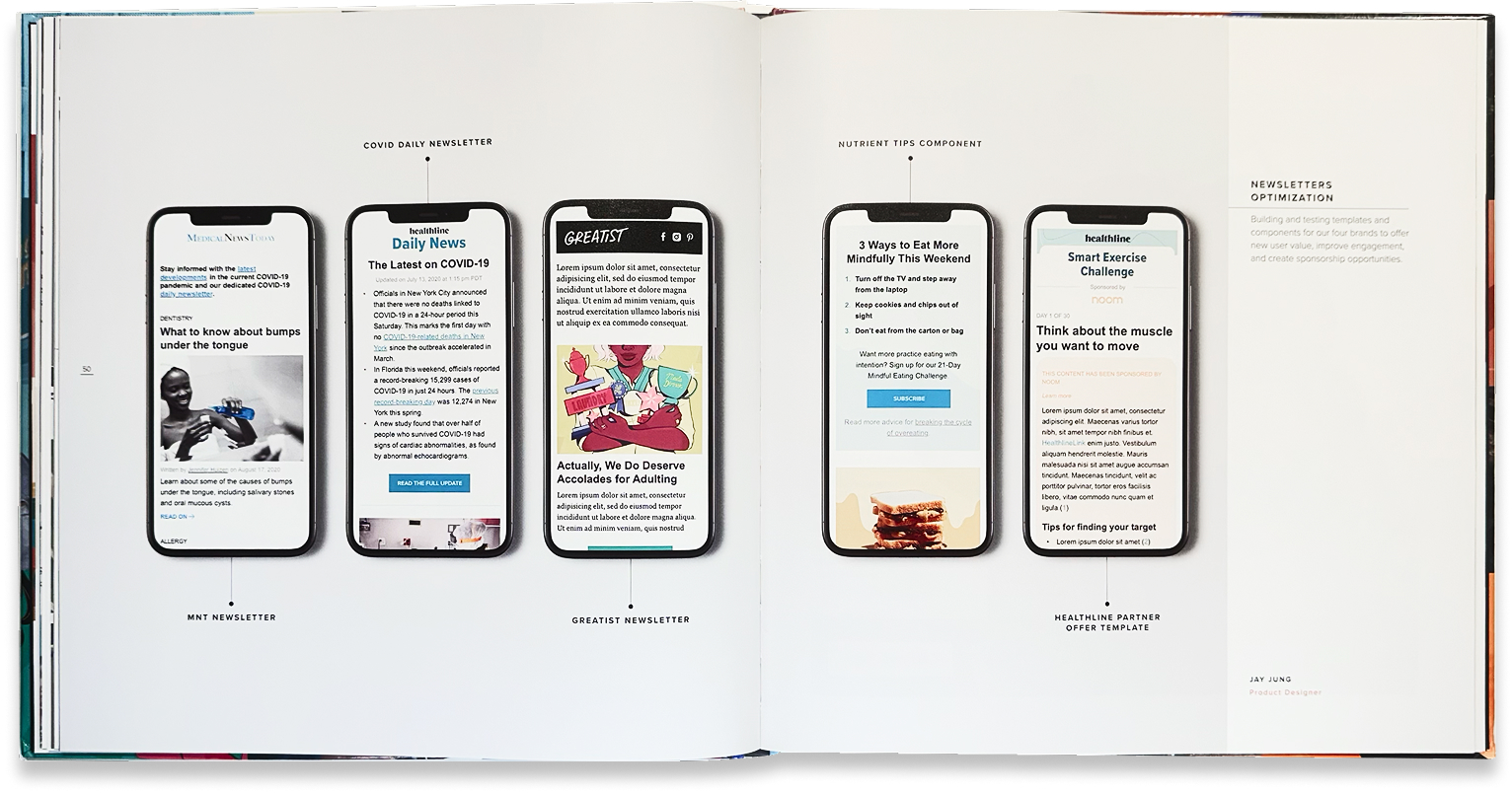 Mobile messaging campaign shows a sequence of article, newsletter, and sign-up screens on smartphones.