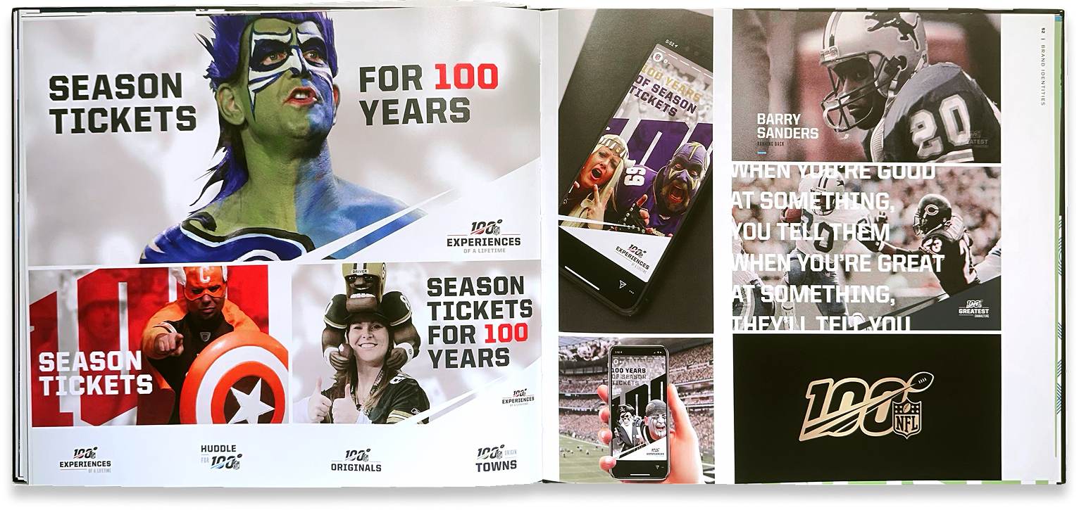 NFL100 season-ticket campaign combines vintage football imagery, player photography, and centennial branding.
