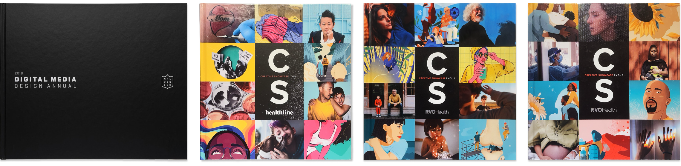 RVO Health Creative Showcase books pair a black title page with colorful collage covers from multiple editions.