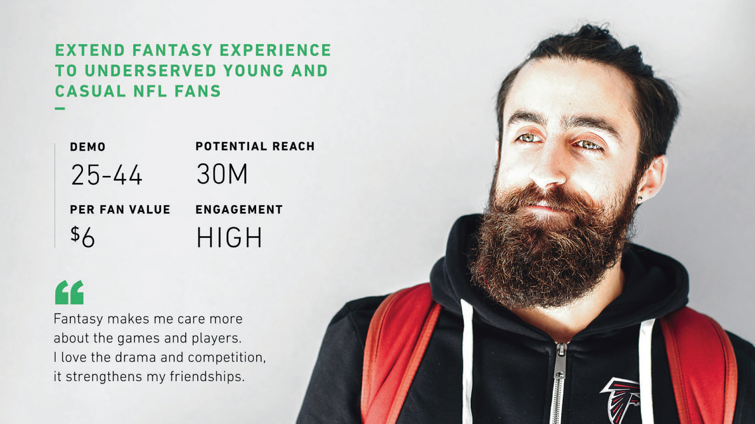 Fan persona card describes extending fantasy football to underserved young and casual fans, illustrated by a bearded man.