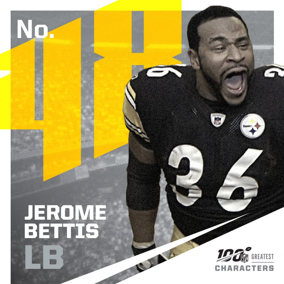 NFL100 Characters ranking graphic spotlights Jerome Bettis in a bold yellow, black, and white design.