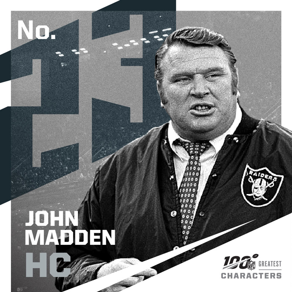 NFL100 Characters ranking graphic features coach and broadcaster John Madden in black-and-white.