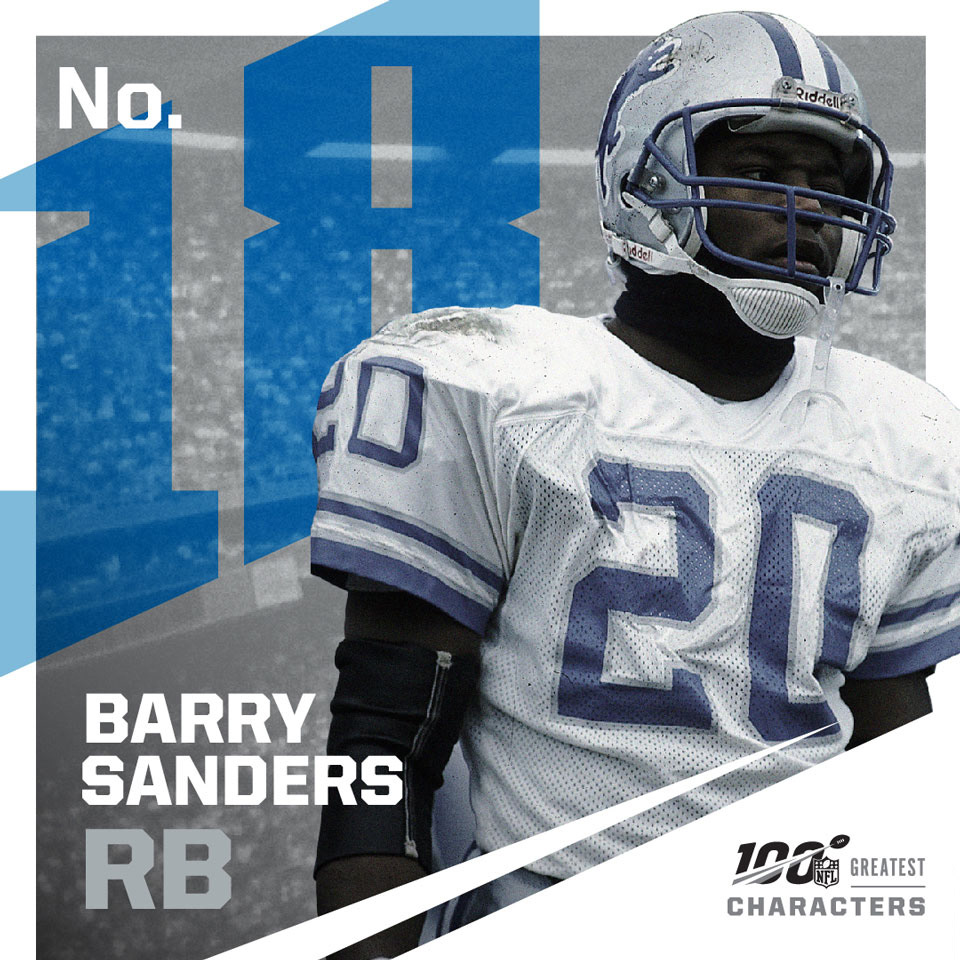 NFL100 Characters ranking graphic features Detroit Lions running back Barry Sanders in blue and gray.