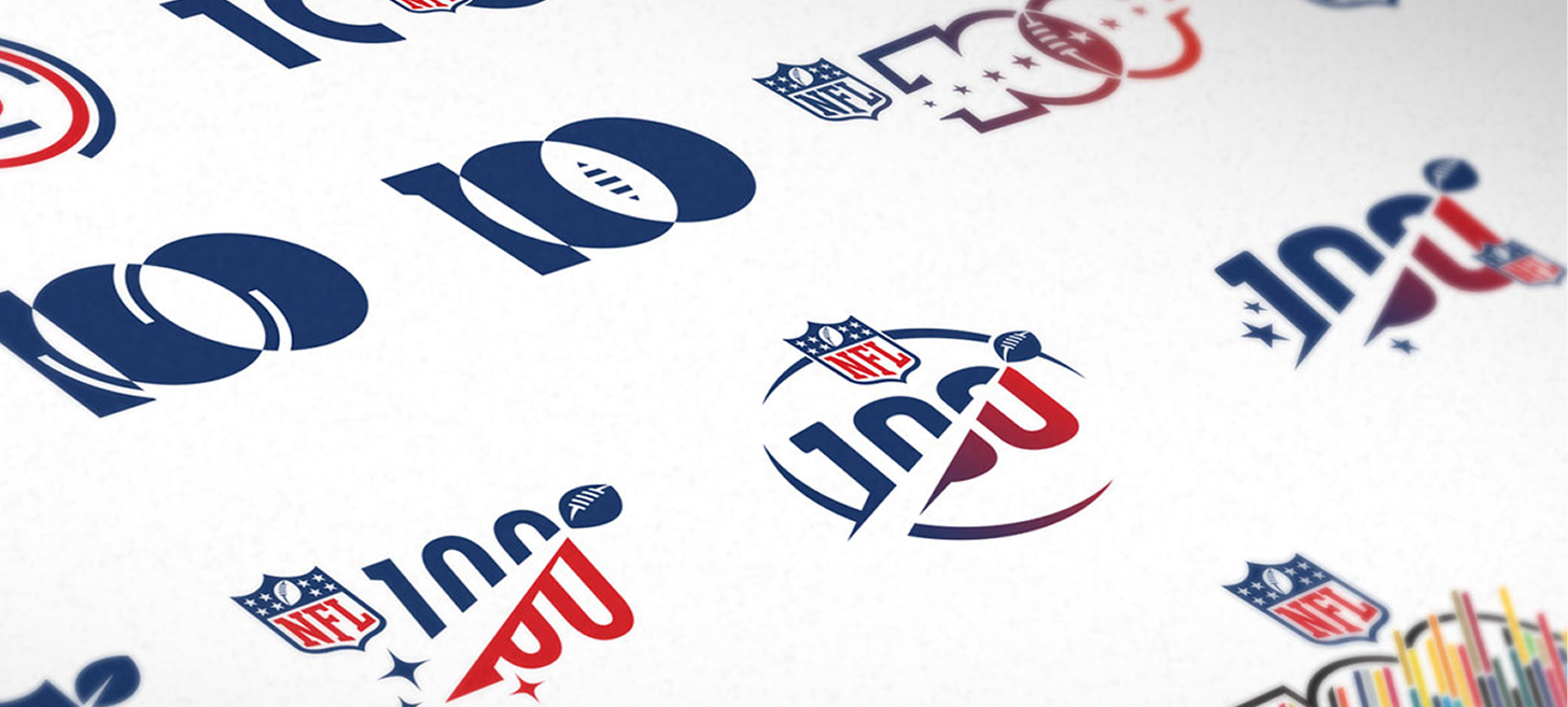 NFL100 logo exploration sheet shows multiple centennial wordmark sketches in red, white, and navy.