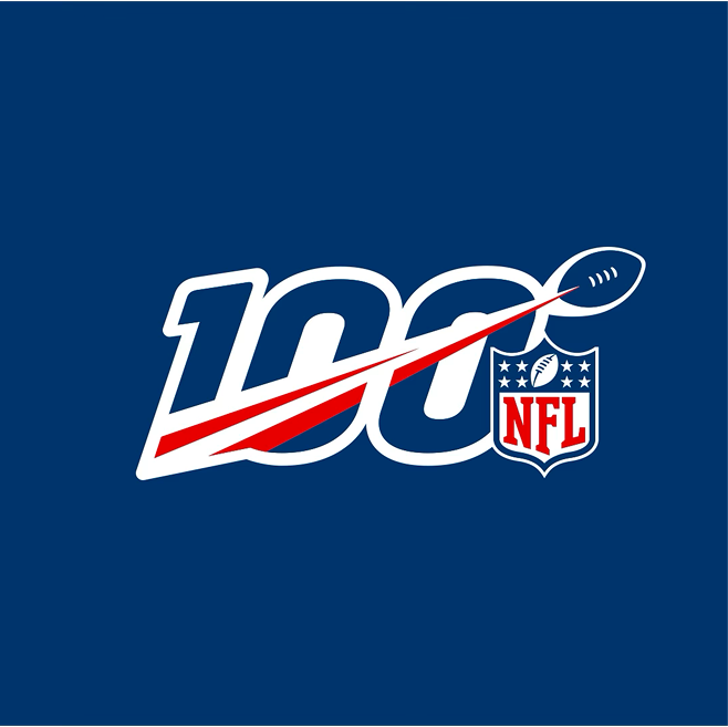 Final NFL100 centennial logo combines a striped “100” with a football and the NFL shield on navy.