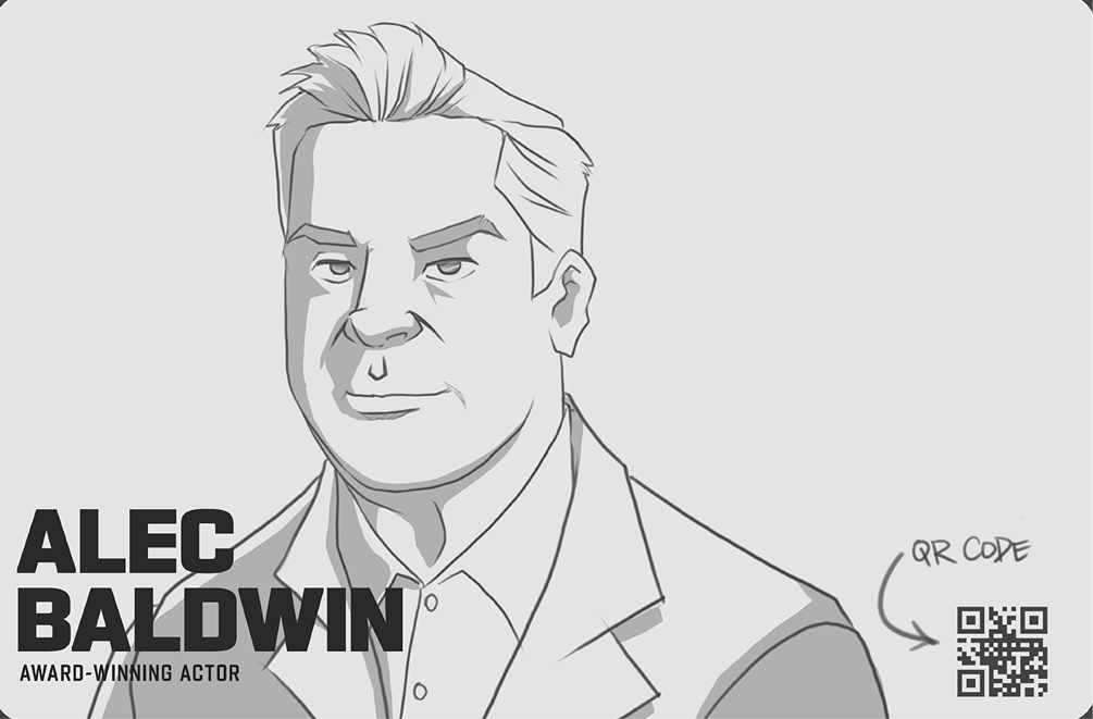 Illustrated Alec Baldwin concept card includes a QR code and wordmark for an NFL100 storytelling idea.