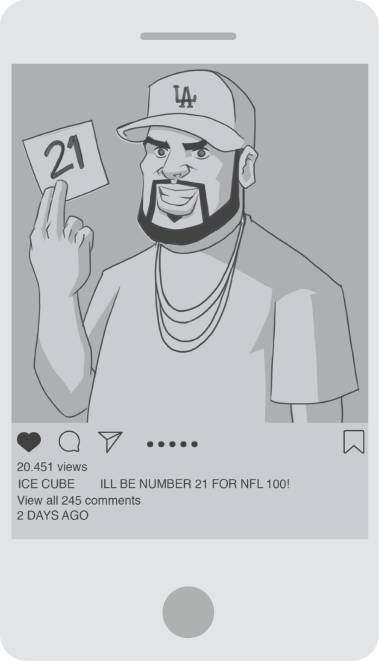 Mobile social concept shows an illustrated football player wearing number 21 in a fan-facing post.