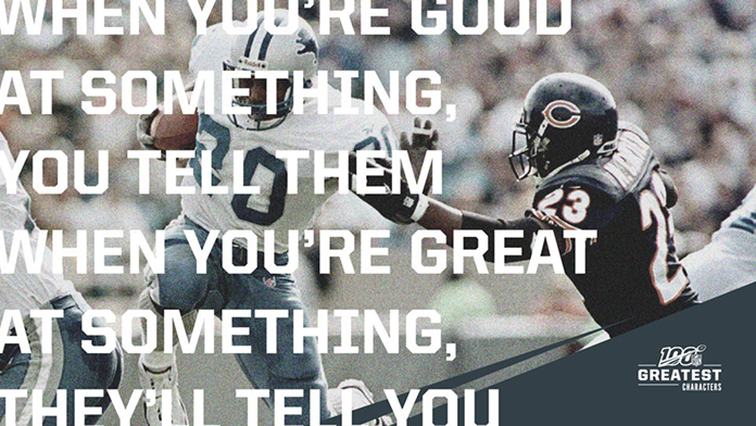Black-and-white football image carries the quote, “When you’re good at something, you tell them; when you’re great, they tell you.”