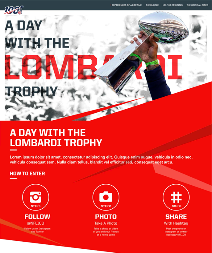 NFL100 “A Day with the Lombardi Trophy” web page uses bold red graphics and actions to follow, photograph, or share.