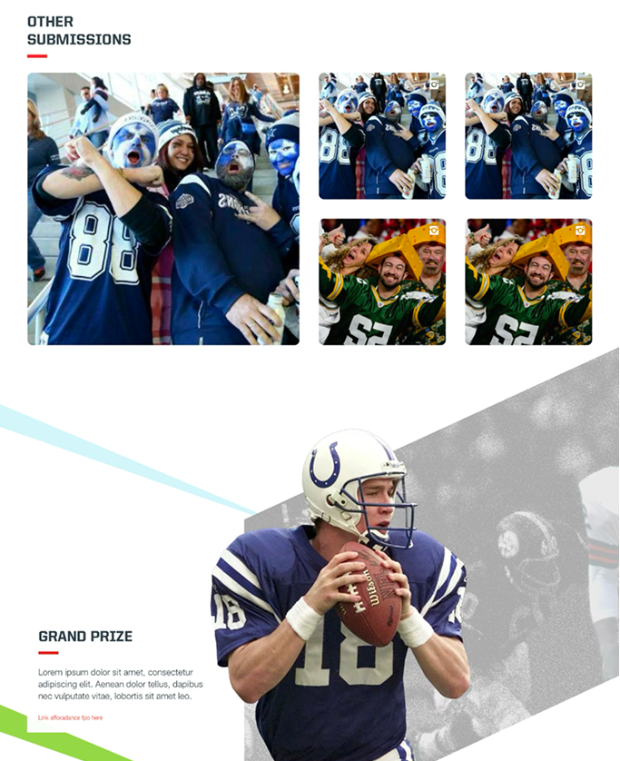 NFL100 web layout combines fan and team photo grids with a featured quarterback story.