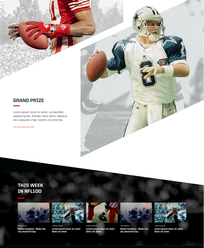 NFL100 player-story page pairs historic and current action photography with a related-video carousel.