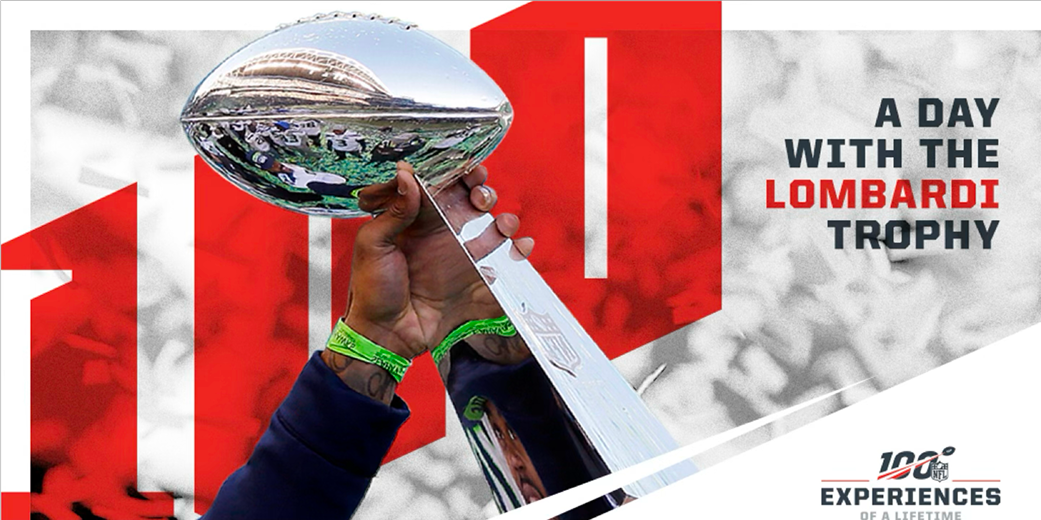 NFL100 Experiences campaign offers “A Day with the Lombardi Trophy” against bold red centennial graphics.