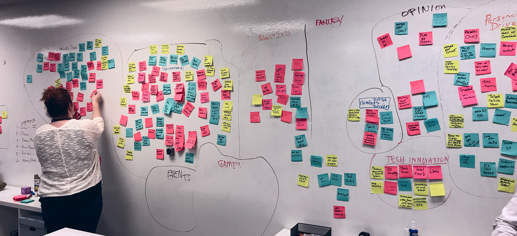 Facilitator organizes large clusters of color-coded sticky notes into themes on a workshop wall.