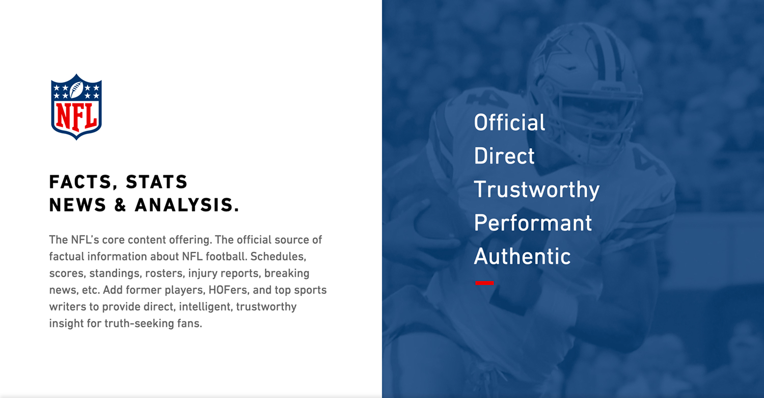 NFL content positioning slide defines facts, stats, news, and analysis as official, direct, trustworthy, performant, and authentic.