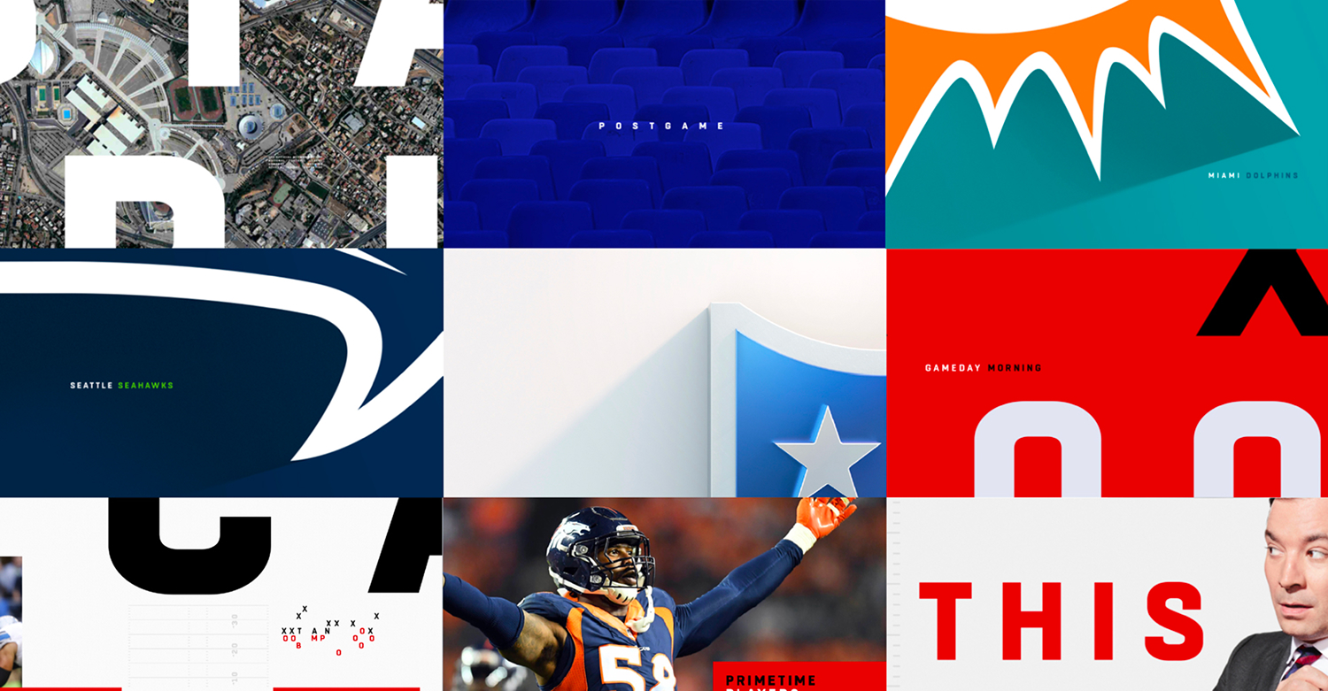 Visual identity collage combines NFL team marks, abstract graphic crops, player photography, and editorial tiles.