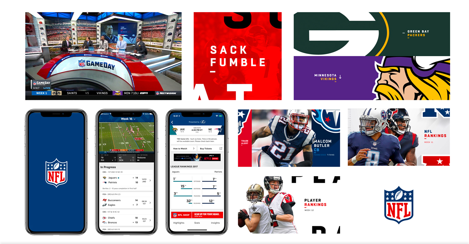NFL digital-content system appears across stadium signage, mobile app screens, team graphics, and player stories.
