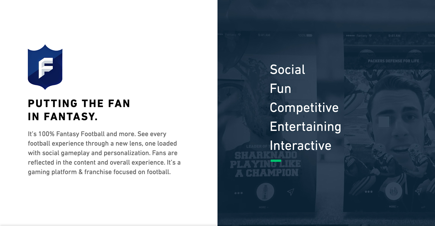 Fantasy brand-positioning slide centers fun, competition, entertainment, social connection, and interactivity.