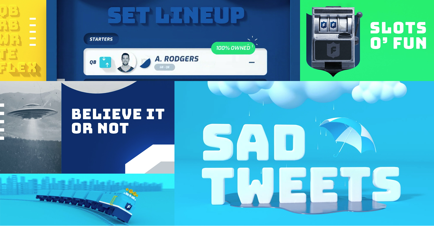 Bright fantasy-content tiles promote lineup setting, games, surprising stats, and “Sad Tweets” in a playful visual system.