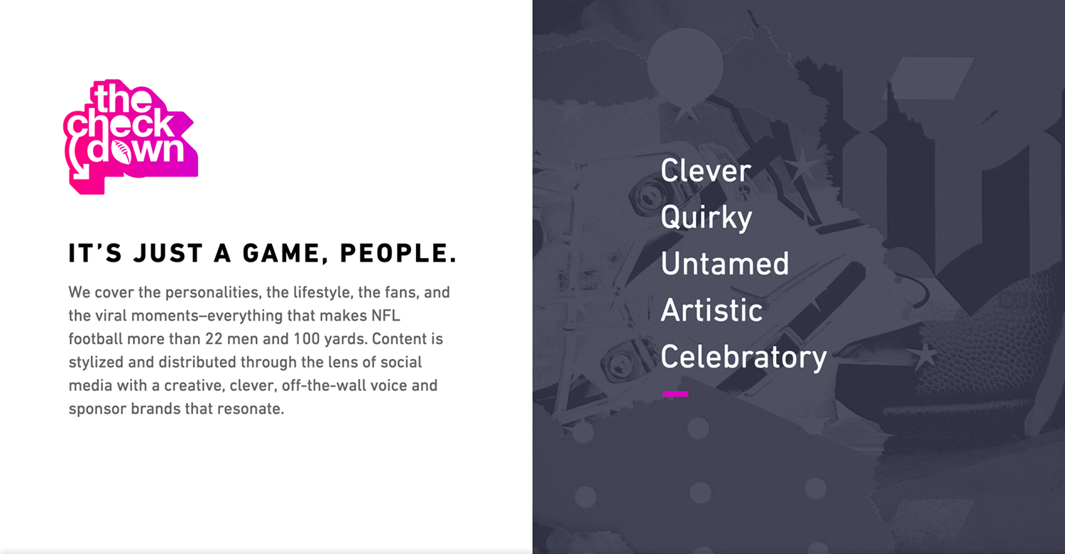 The Checkdown positioning slide defines playful football content as clever, quirky, untamed, artistic, and celebratory.