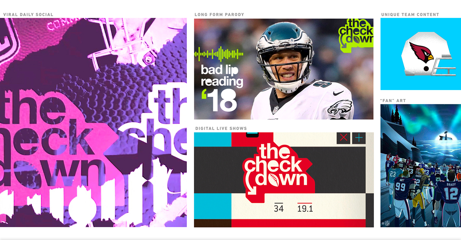 The Checkdown social-content collage mixes player moments, humor, “Bad Lip Reading,” scores, and stylized football graphics.
