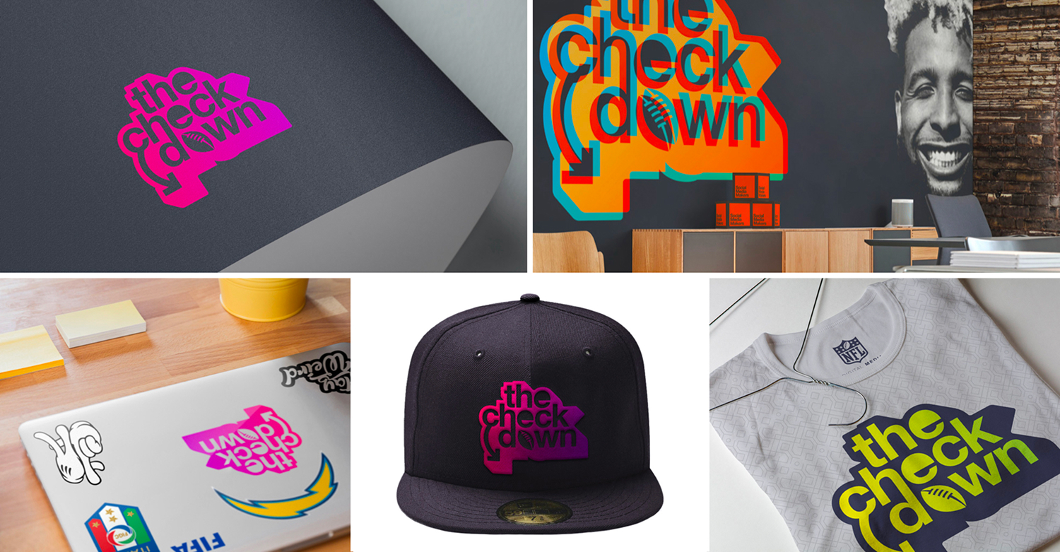 The Checkdown identity appears in neon color variations across caps, paper goods, screens, and environmental graphics.