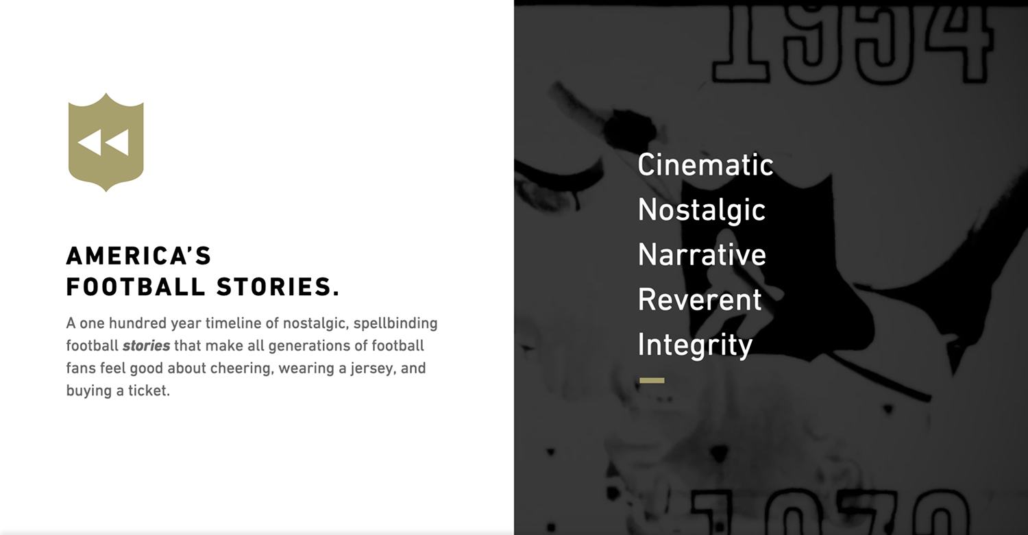 NFL Throwback positioning slide presents America’s football stories as cinematic, nostalgic, narrative, reverent, and authentic.