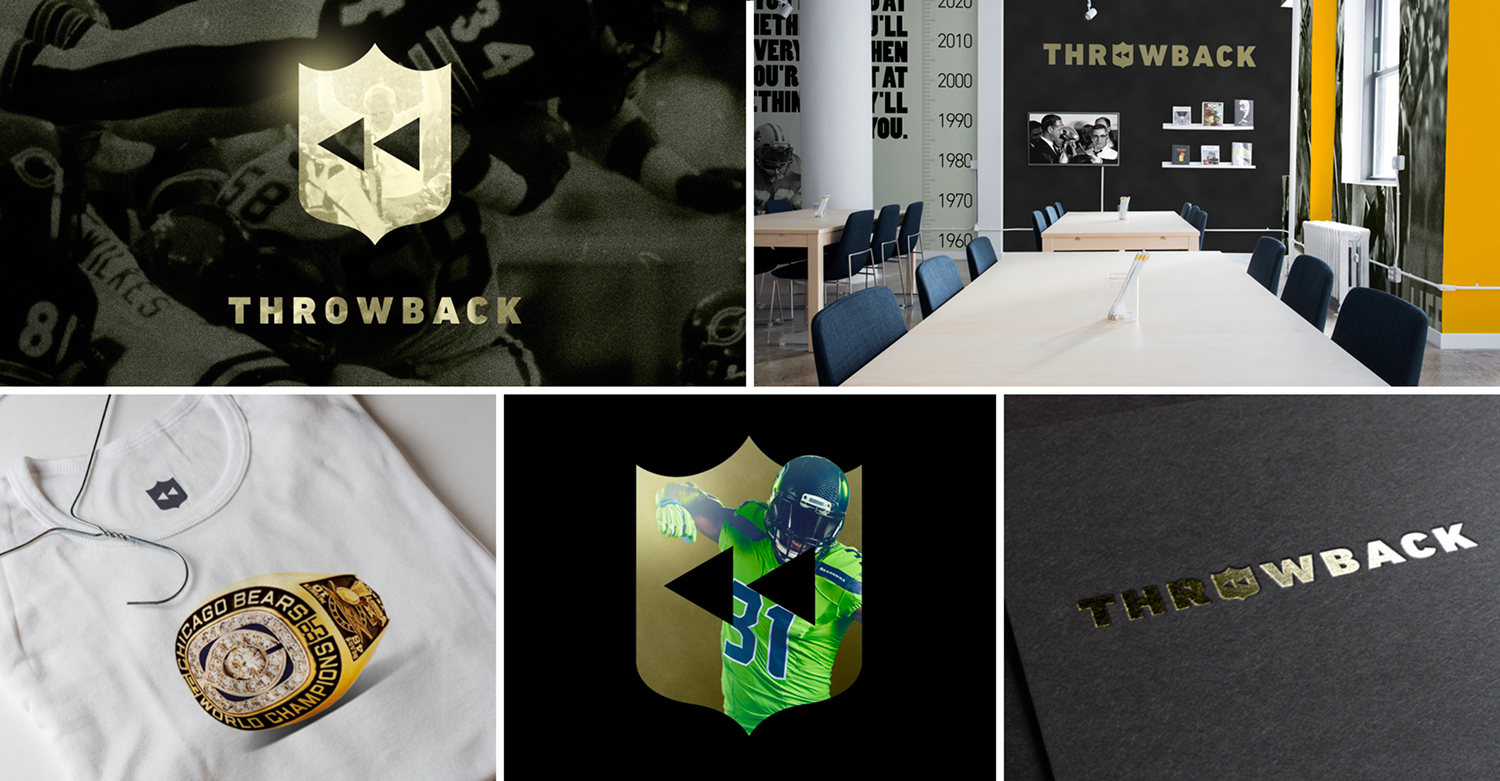 NFL Throwback identity appears across studio environments, apparel, badges, and geometric logo applications.