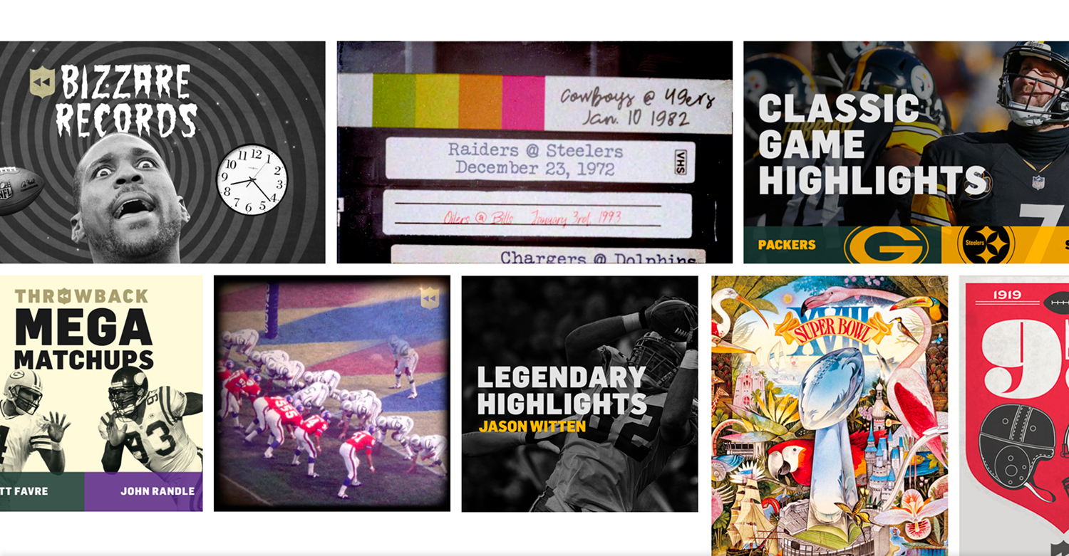Throwback content tiles promote bizarre records, mega matchups, classic games, and legendary highlights with retro styling.