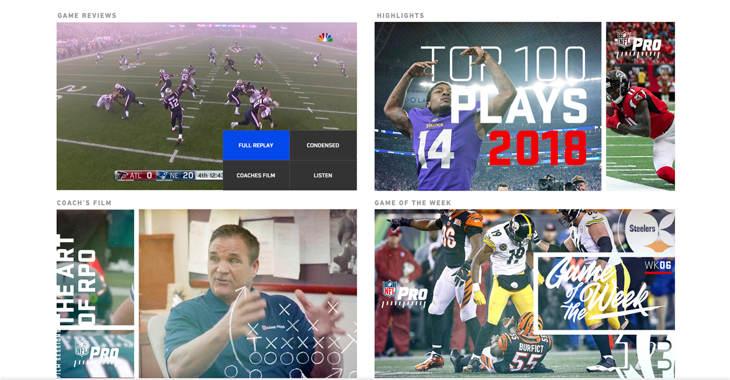 NFL Pro content tiles feature game film, top plays, player access, and tactical football storytelling.