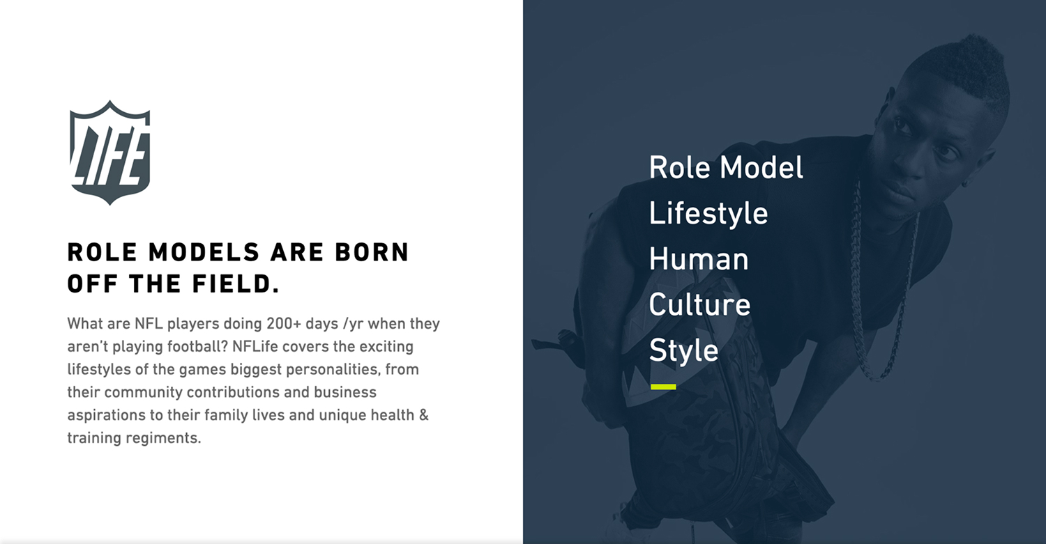 NFL Life positioning slide presents players as off-field role models through lifestyle, humanity, culture, and style.