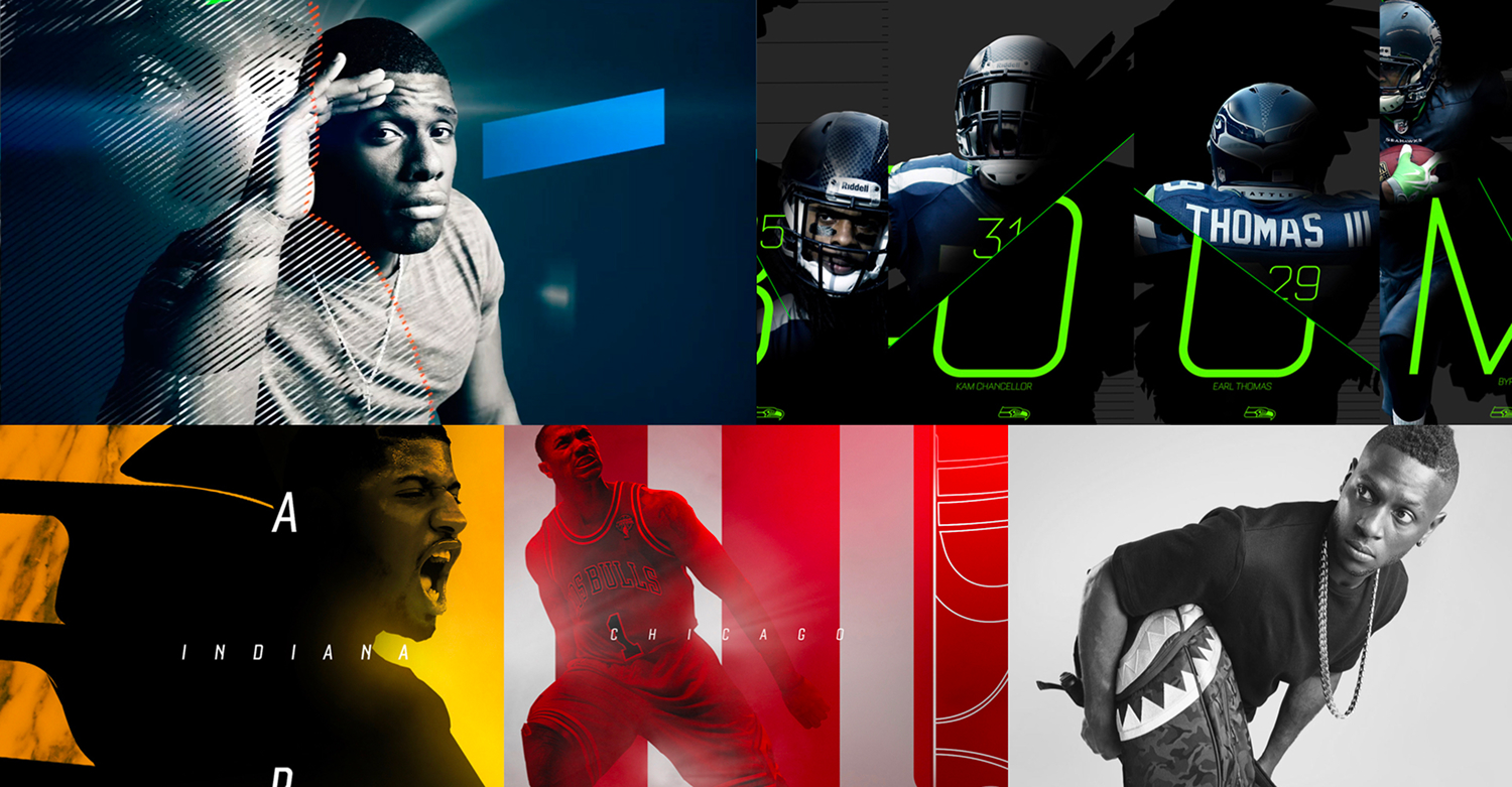 NFL Life visual system combines dramatic player portraits, neon outlines, and bold color-blocked editorial graphics.