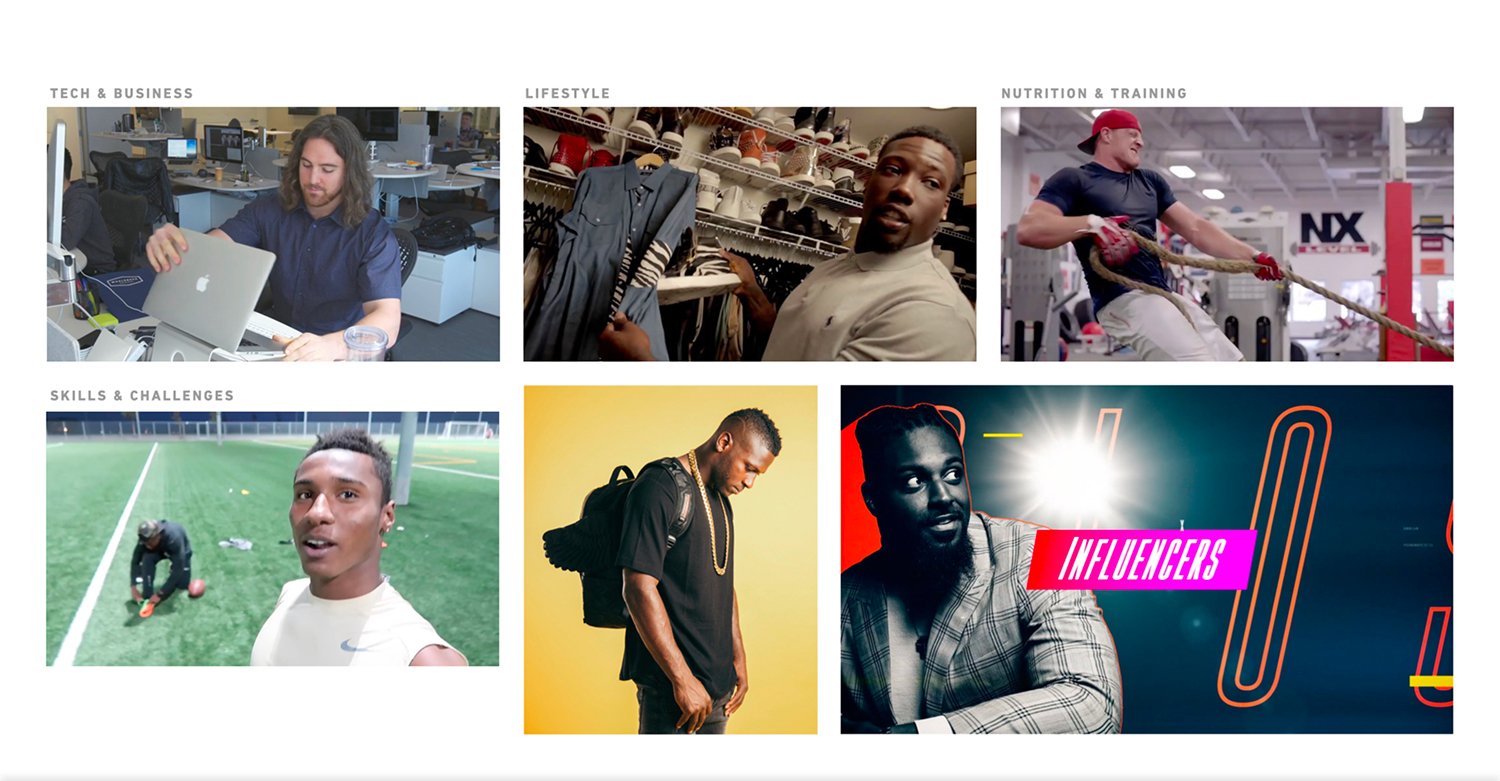 NFL Life content tiles show players in interviews, fashion, training, travel, and other off-field moments.