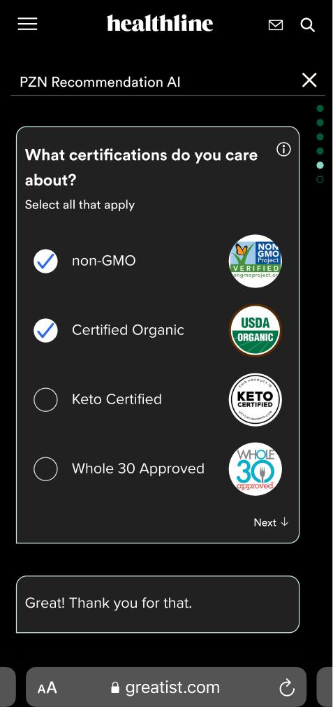 Greatist onboarding screen asking which product certifications matter to the user.