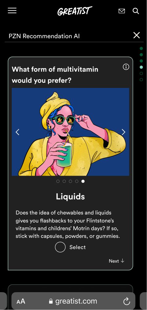 Greatist onboarding screen asking for a preferred product form, with liquid selected.