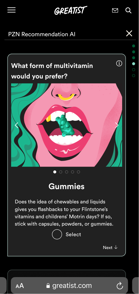 Greatist onboarding screen asking for a preferred product form, with gummies selected.