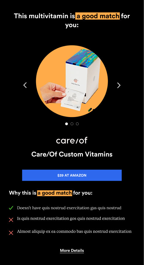 Greatist mobile recommendation rating Centrum women’s multivitamins as a weak match.