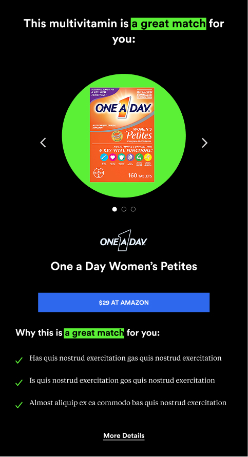 Greatist mobile recommendation rating One A Day Women’s Petites as a great match.