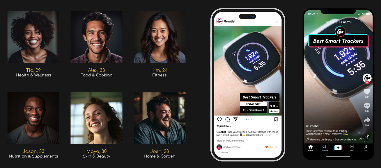 Greatist expert team portraits beside social posts reviewing smartwatches and sleep trackers.