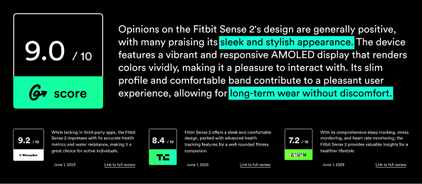 AI-generated Fitbit Sense 2 summary with a 9.0 score, personalized rationale, and supporting review scores.