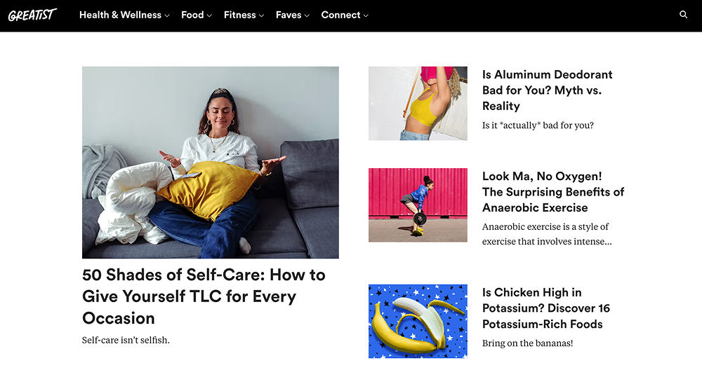 Greatist homepage featuring a self-care article alongside health, food, and fitness stories.
